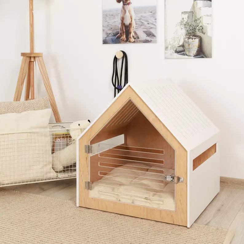 Dog crate with acrylic door and cotton cushion PetSo. Dog crate furniture/indoor dog house/dog kennel/stylish dog crate/modern dog furniture